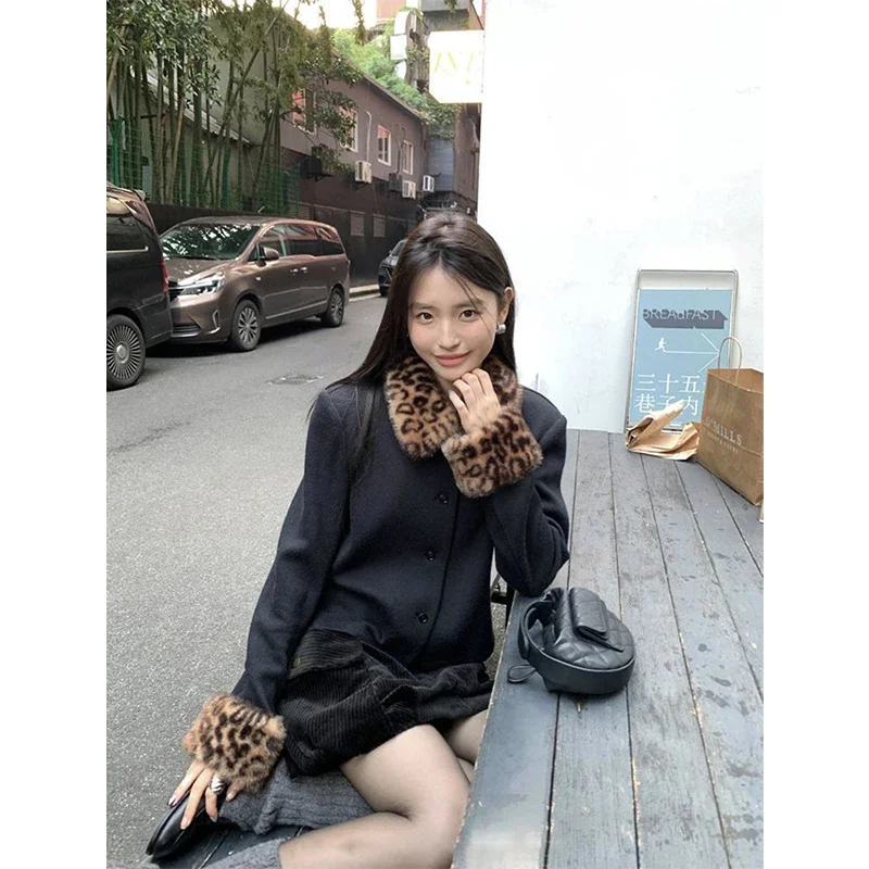 سترة نسائية سوداء عتيقة من MEXZT معاطف هاراجوكو مقصوصة على شكل الفهد ملابس شتوية كورية بأكمام طويلة ملابس خارجية قصيرة