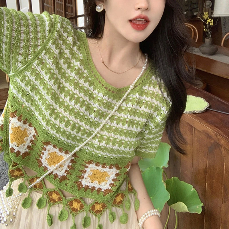 Short Sleeve Granny Squares Cr - Crochet Top Boho 评论和价格