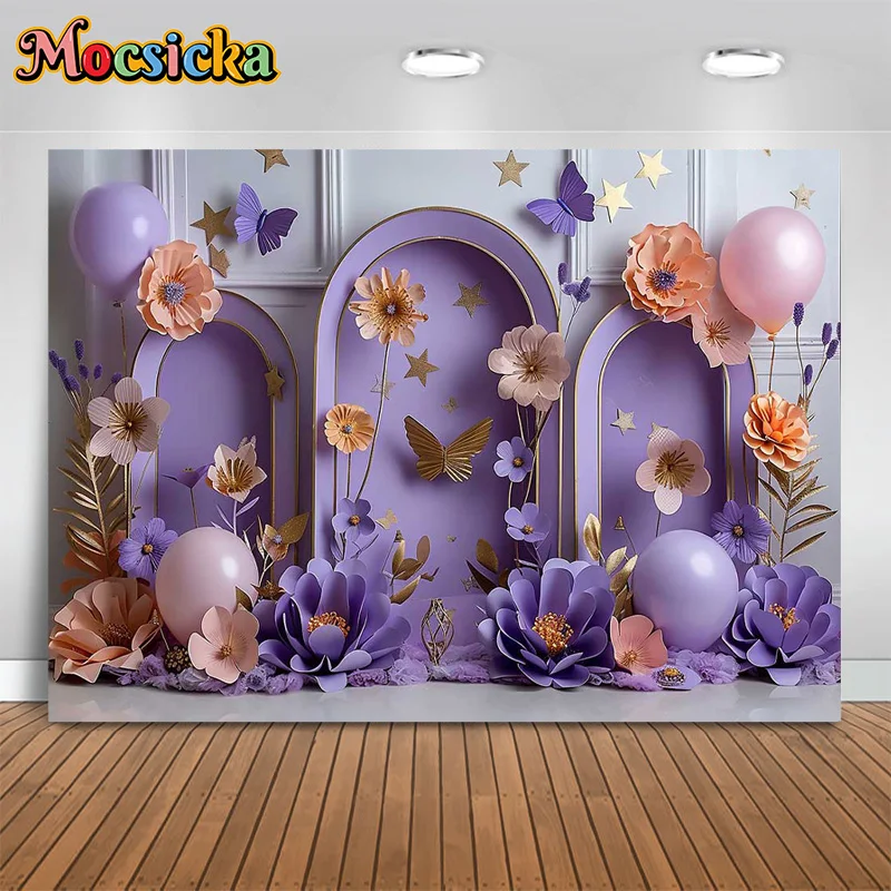 Mocsicka Photography Backdrops Happy Birthday Party Floral Arch Backdrop Kids Portraits Cake Smash Photo Banner Studio Props