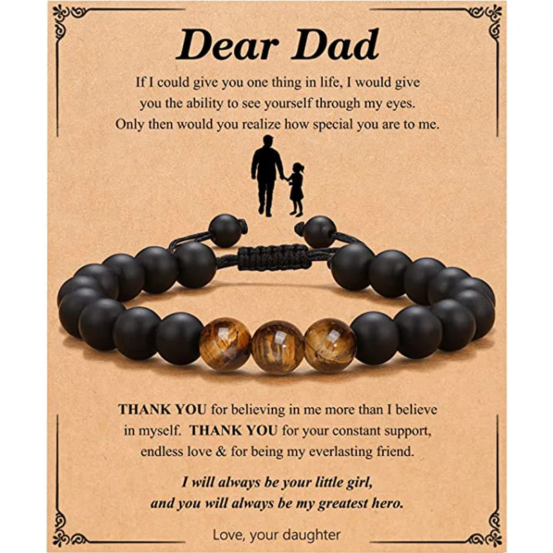 Dear Dad Tiger Eye Stone Bracelet for Daddy Gift Bracelet Men\'s Matte Black Beaded Bracelet Jewelry Birthday Christmas Gifts