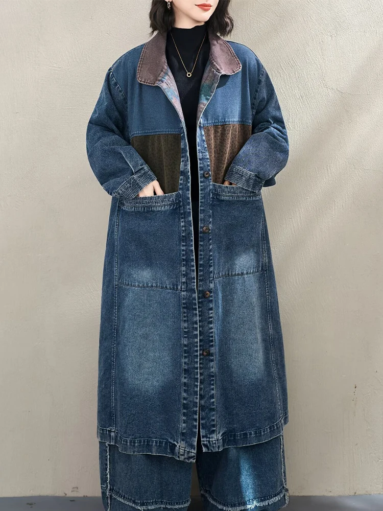Amax LuluE 春 ブリティッシュ ヴィンテージ パッチワーク トレンチコート レディース 2026 クラシック デニム ウィンドブレーカー レディース ルーズ カジュアル ロングコート