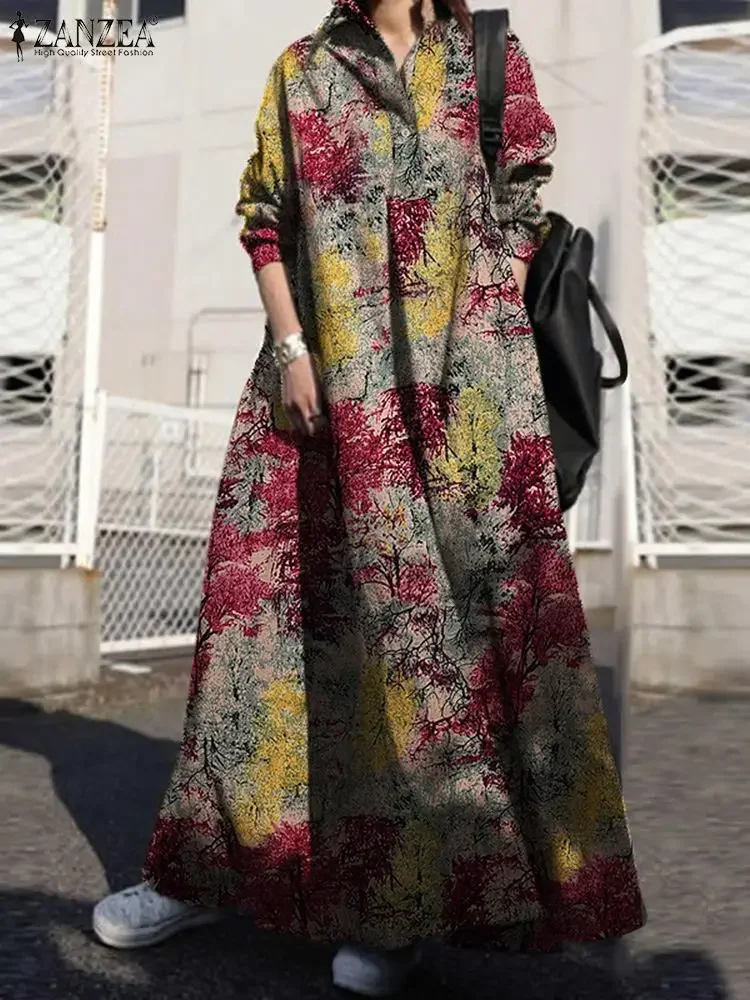 ZANZEA Fashion Autumn Shirt Dress Women Vintage Long Sleeve Floral Printed Sundress Bohemian Lapel Neck Loose Cotton Vestido