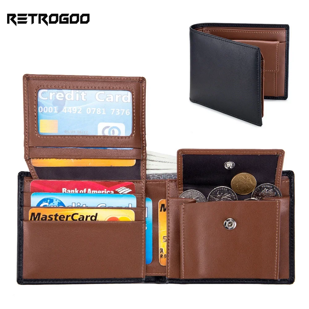 

RETROGOO 100% Leather Short Men Wallet with Coin Pocket Vintage Male Wallets RFID Blocking Card Holder Cow Boy Money Bag Wallet