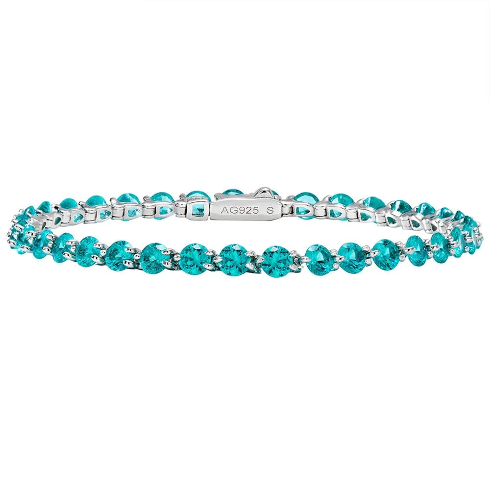 Vintage 925 Sterling Silver 3 MM Round Cut Lab Sapphire Paraiba Gemstone Tennis Chain Bracelets Bangle Fine Jewelry
