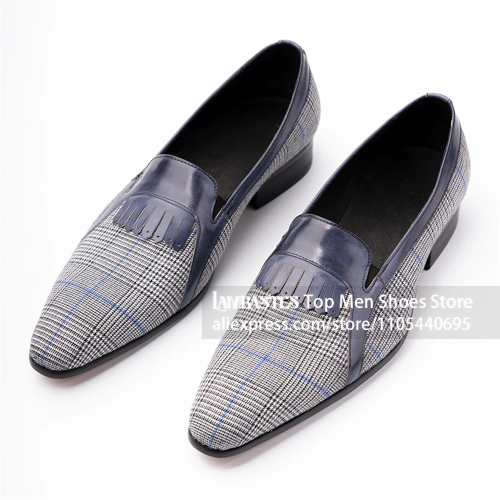 Houndstooth Fabric Leather Spliced Loafers Grey Plaid Check Fringe Slip on Dress Loafers Vintage Check Fringe Loafers for Men