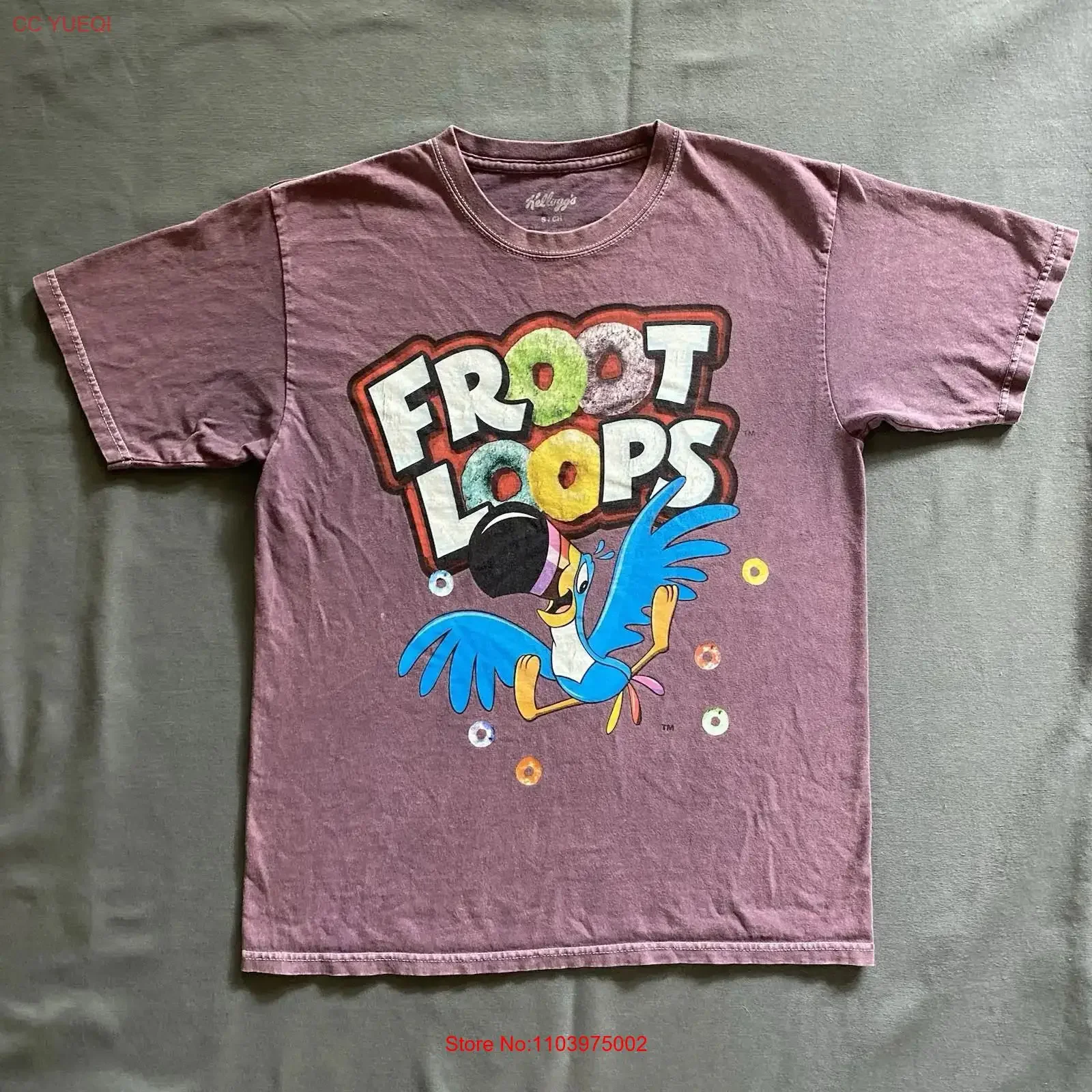 Camiseta Kellogg's Froot Loops de los años 2020 para hombre, talla pequeña, color morado, con estampado de toucan, estilo vintage, lavada, cómoda y transpirable.