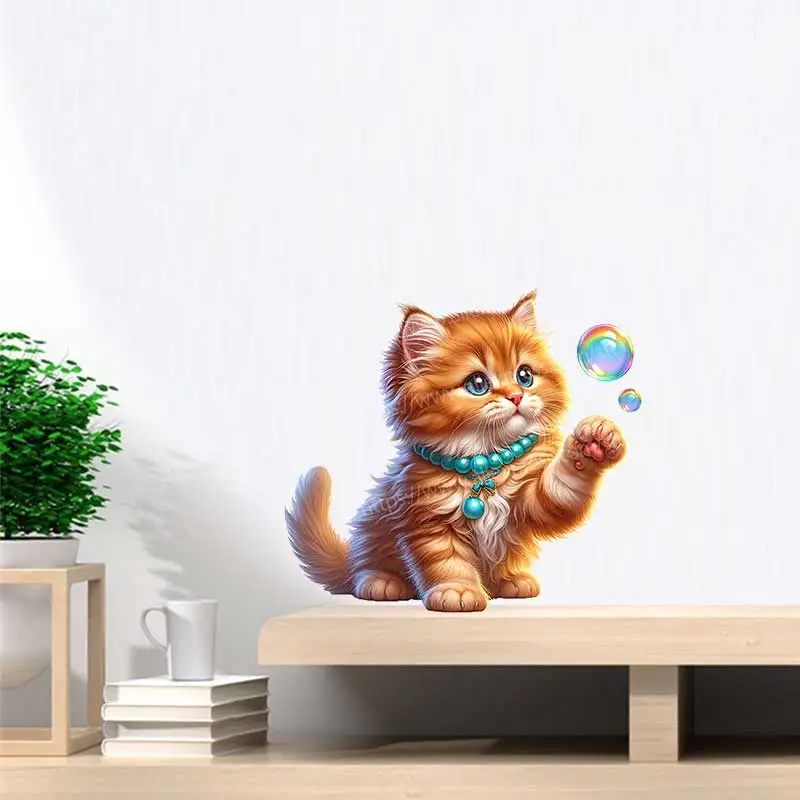 Cute kittens catching bubbles and playing vinyl decals wall laptop corridor desk luggage decoration self-adhesive painting CM65