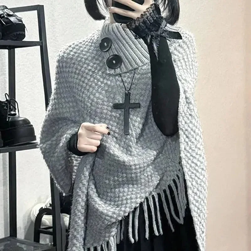 Grey Vintage Knit Cape Women Tassels Chic Loose Harajuku Sweater Pullover Pretty Style Lazy Streetwear Y2K Female Coat