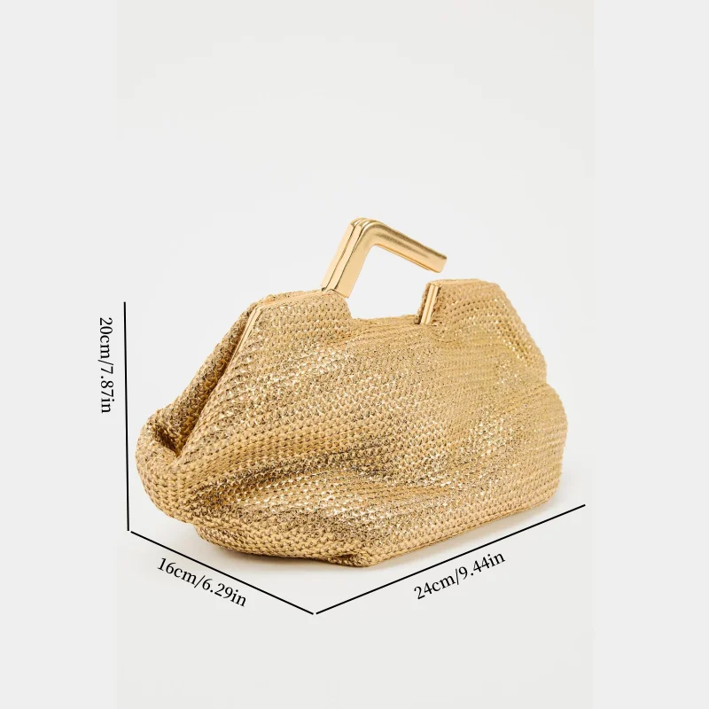 GOLD BAG WITH METAL HANDLE, Woven Handbag for Women, Luxury Designer Evening Dress Bag, New Fashionable Women's Metal Clutchs