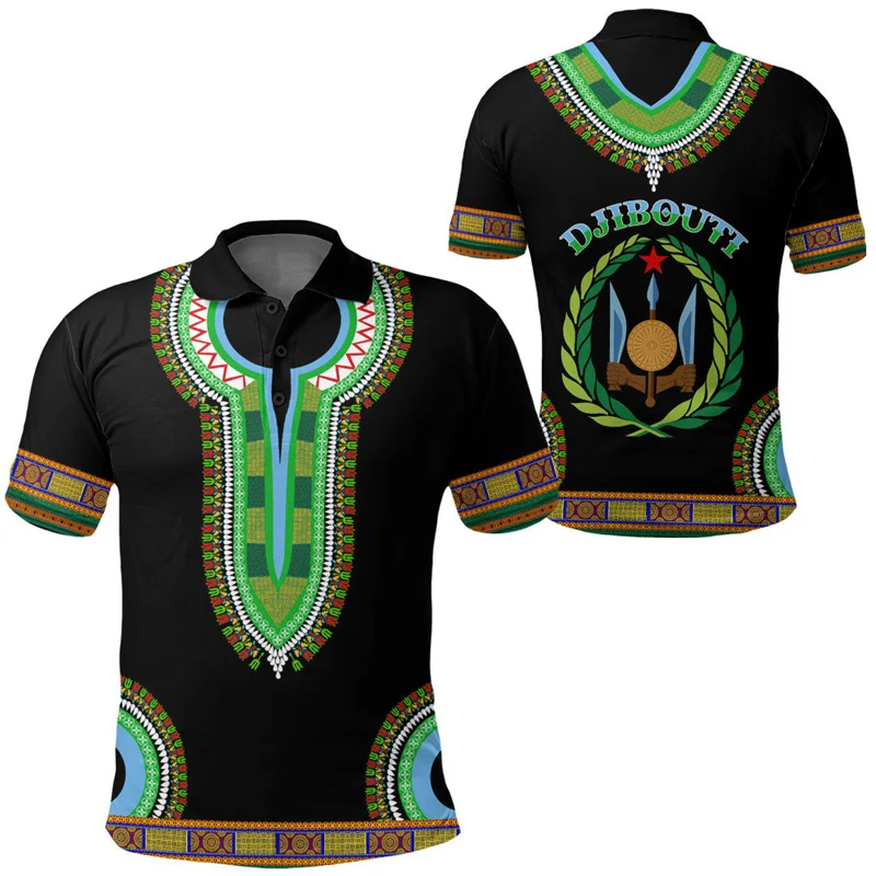 3D Printed Africa Djibouti Map Flag Polo Shirts For Men National Emblem Pattern Short Sleeves Casual Lapel Patriotic Streetwear