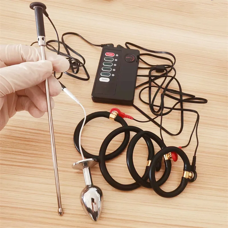 Penis Trainer Silicone Cock Rings Metal Anal Bead Butt Plug Urethral Dilator Sounding Catheter Electric Shock Sex Toys for Men