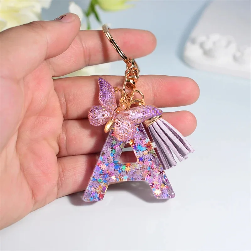 

A-Z Dreamy Sequin Letters Keychain for Women Tassel Butterfly Pendant Initial Keyring Purse Suspension Bags Charms Car Key Chain