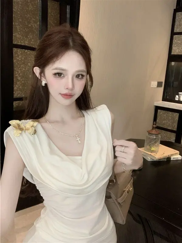 Gagarich Retro Butterfly Brooch One Shoulder Swing Collar Sleeveless Top Summer Pure Desire To Slim Waist Vest Women