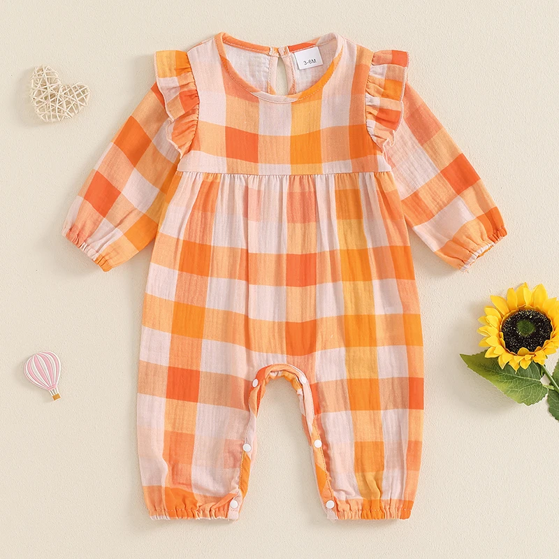 

Baby Girls Checkered Romper Ruffled Trim Long Sleeve Round Neck Loose 2024 Cute Fall Jumpsuit for 0-18 Months