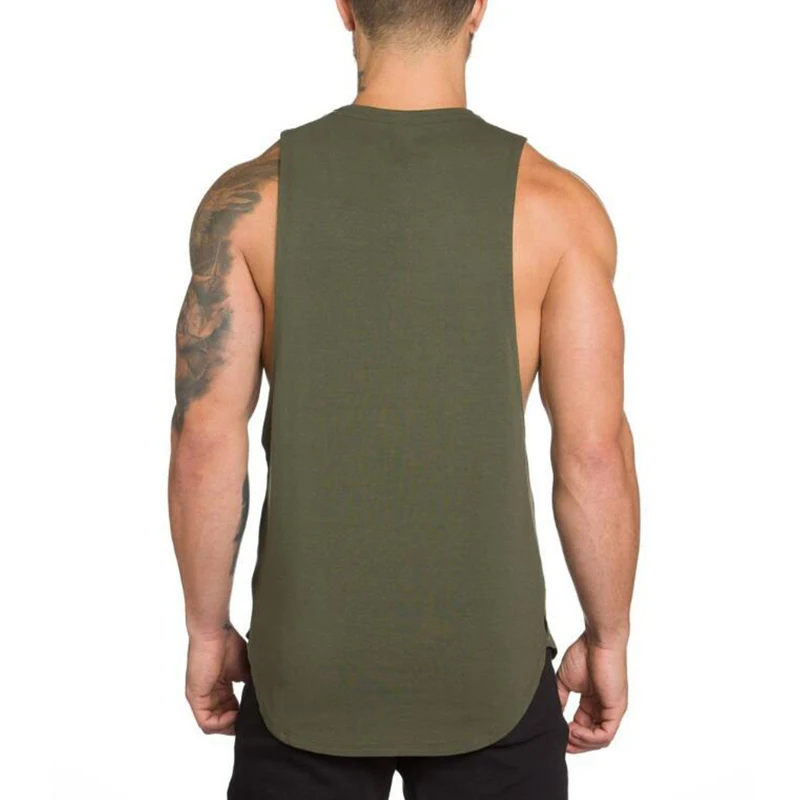 Men's Comfort Cotton Sleeveless Running Vests Round Neck Deep Drop Armhole Curved Hem Gym Workout Bodybuilding Tank Tops Shirt