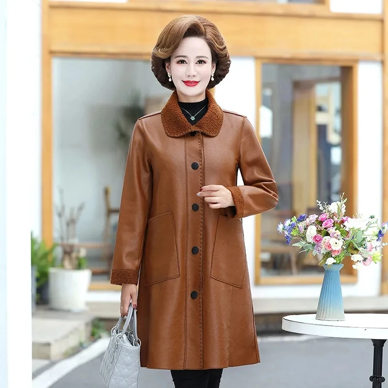 2024 Autumn Leather Coat New Middle-Aged And Elderly Women's Solid Color PU Leather Jacket Mother Trench Long Warm Leather Coat.