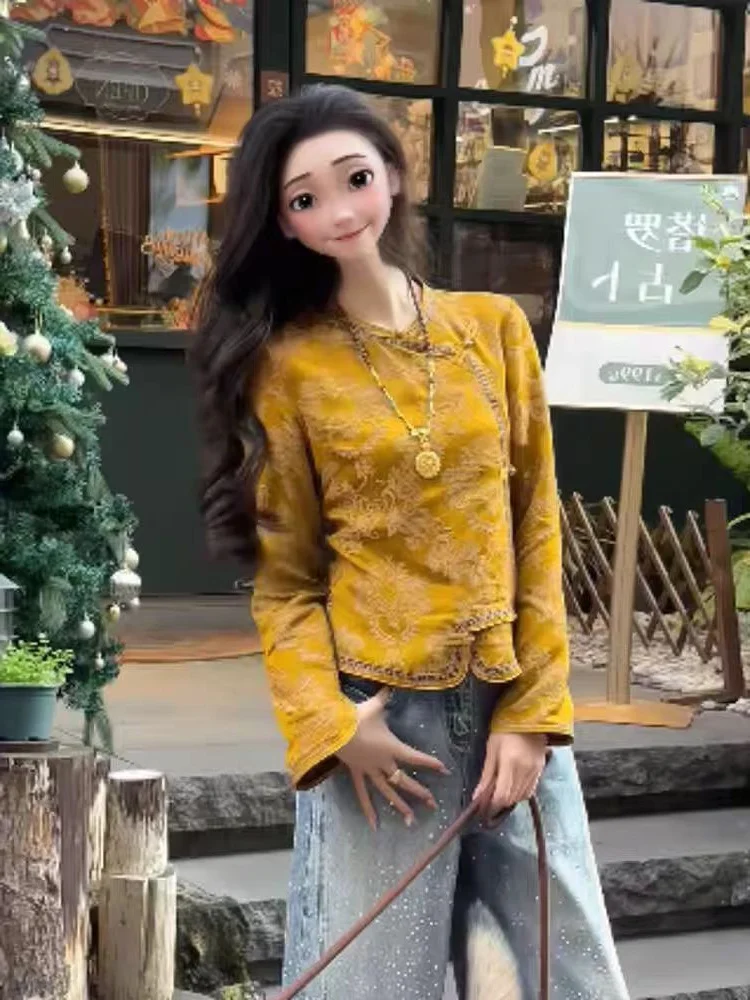 

New Chinese Style Yellow Embroidered Shirt Slanting Collar Design Age-Defying Inner Wear Top Elegant Atmosphere Commute Style...