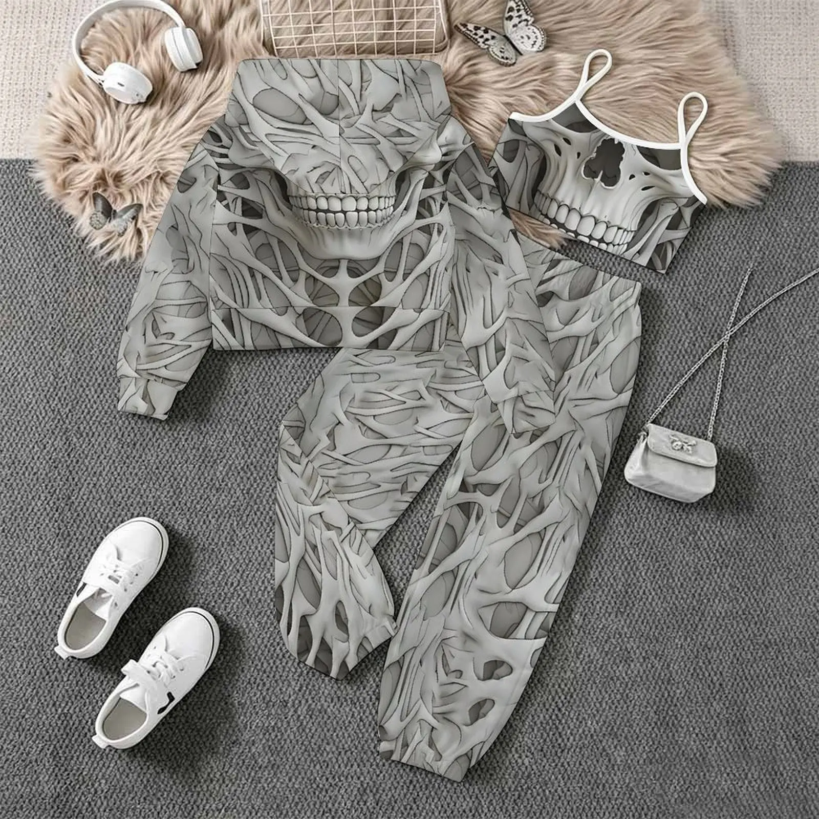 All Hallows' Day Vest Daily Pants Children's Jogging Pants Casual Pants Autumn Winter Girls' Printed Three Piece Fashion Coat