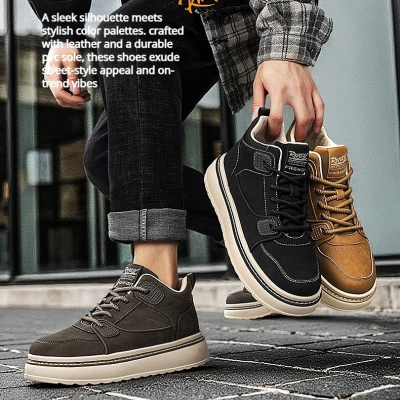 

New Breathable High-top Thick-soled Color-blocked Retro-style Soft-soled Flat-heel Lace-up Men's Fashionable Leather Sneakers