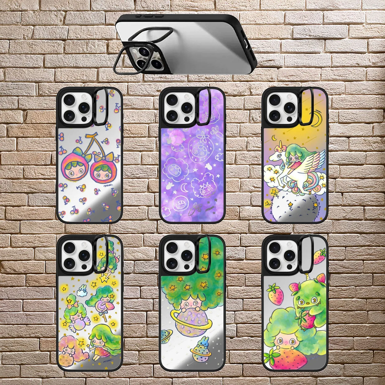 

Girls Lovely Camera Stand Mirror Black Border Magnetic Phone Case Cover for IPhone 16 ~ 14 Pro Max Case