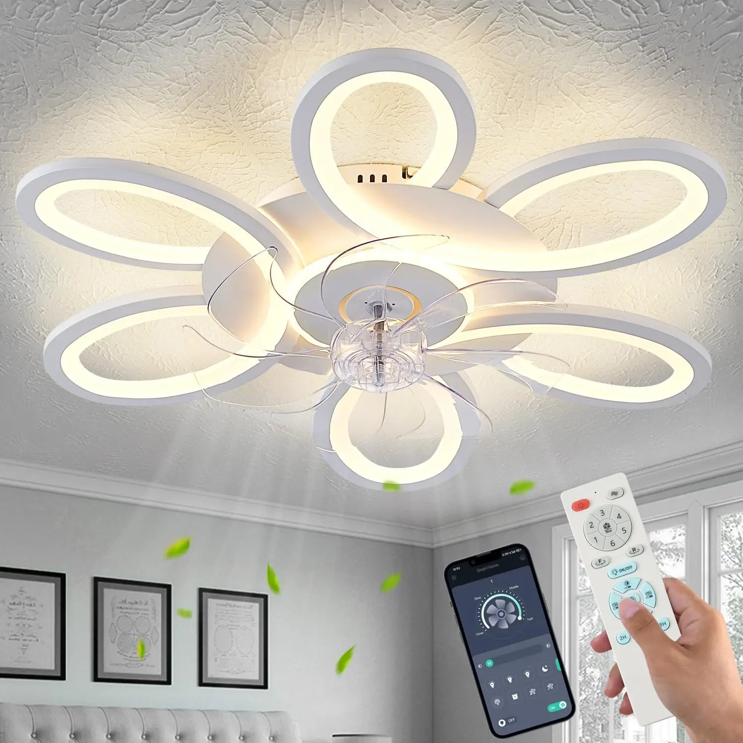 

Ceiling Fans with Lights and Remote, 25 Inch Modern Low Profile Flush Mount Ceiling Fan, Dimmable LED Light Fixture for Bedroom