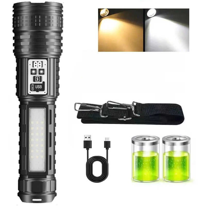 Hochleistungs-Taschenlampe, supergroße Taschenlampe, wiederaufladbar, stärkster LED-Blitzlicht, Taschenlampe mit großer Reichweite, für den Außenbereich, eingebauter Akku