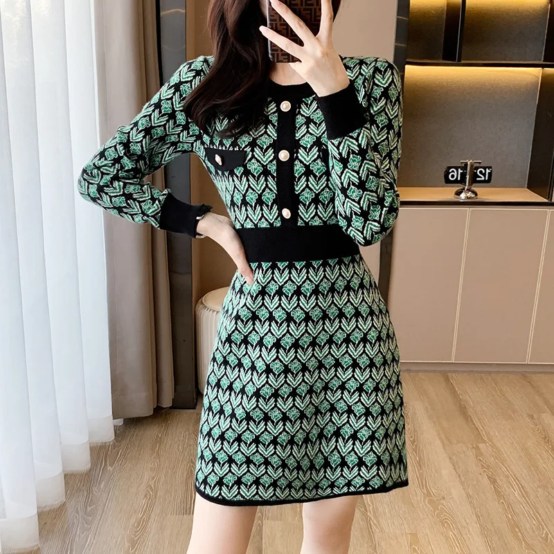 Temperament Chanel Style Knitted Dress Women 2024 Autumn New Jacquard Round Neck Long Sleeve Bottom A-line Sweater Dress LJ696