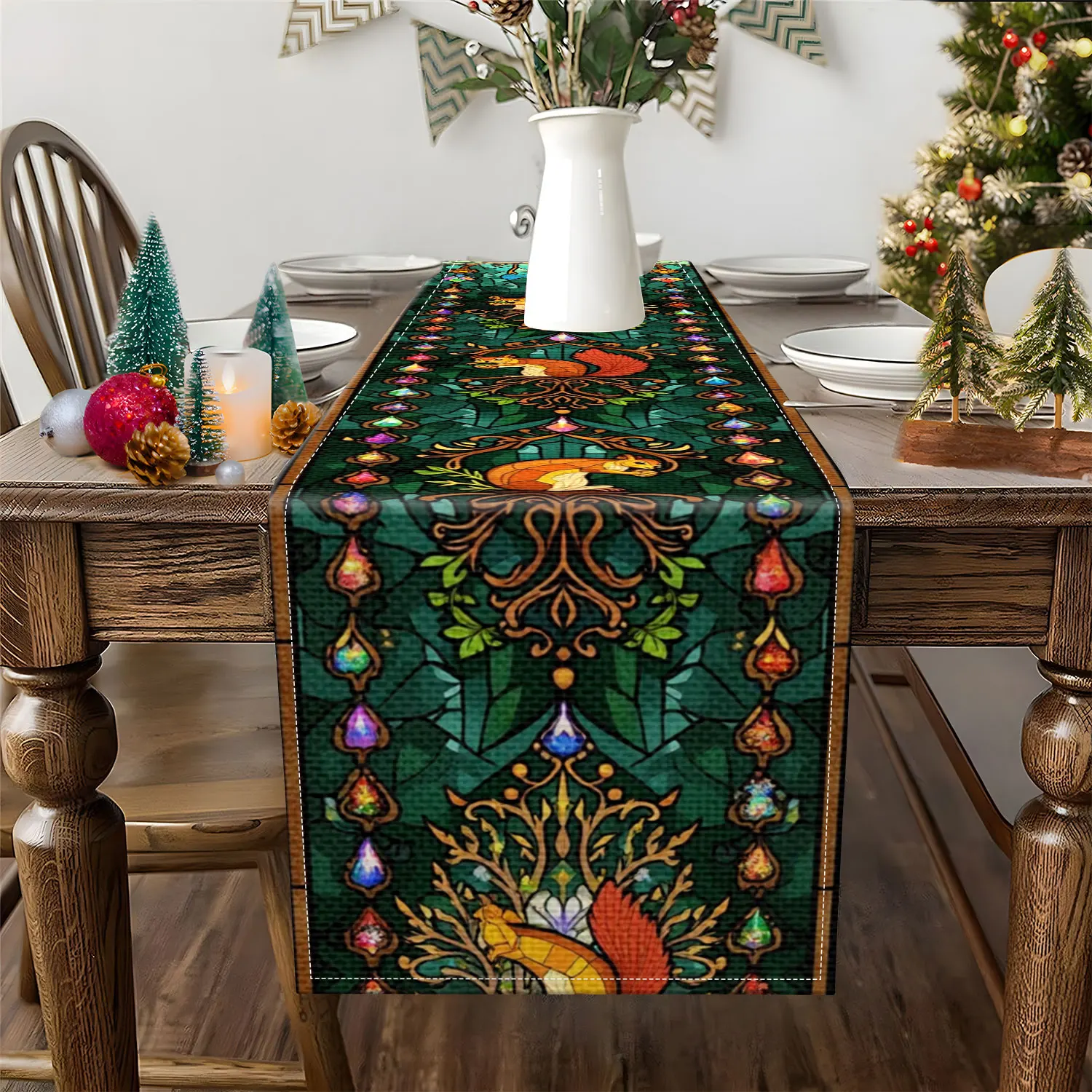 1 Piece of Painted Squirrel Tree Themed Table Runner, Featuring a Design of Squirrels, Large Trees, and Colorful Diamonds, Suitable for Pastoral Home Decor, Artistic Decoration, and Children's Room Scenes.
