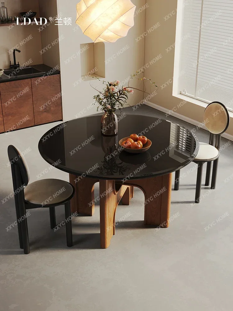 Tempered Glass Double-Layer Dining Table and Chair Home French Retro Oak Solid Wood round Dining Table