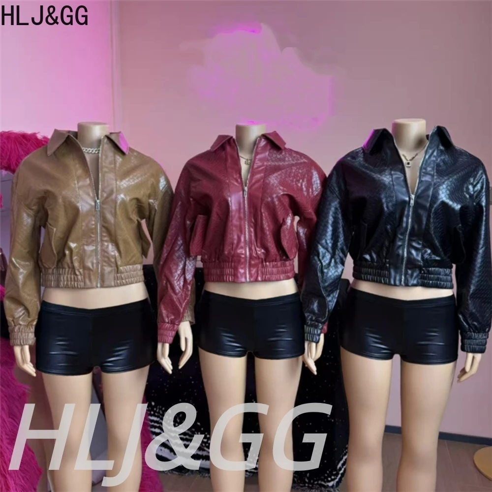 HLJ&GG Fashion High Quality Leather Biker Jacket Women Lapel Zipper Long Sleeve Loose Coats Y2K Spring New Trend Streetwear Tops