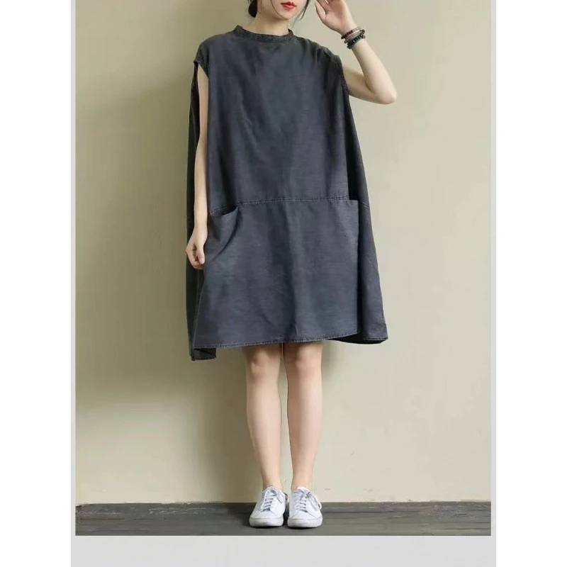 فستان فضفاض من قماش الدنيم المغسول بمقاس كبير، ملابس صيفية بوهو فنية لملابسها غير الرسمية على الشاطئ والسفر والمريحة