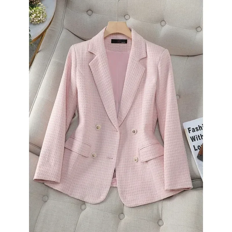 Women's Blazer Ladies Casual Autumn Winter Jacket Female Long Sleeve Button Decoration Pink Blue Apricot Plaid Coat