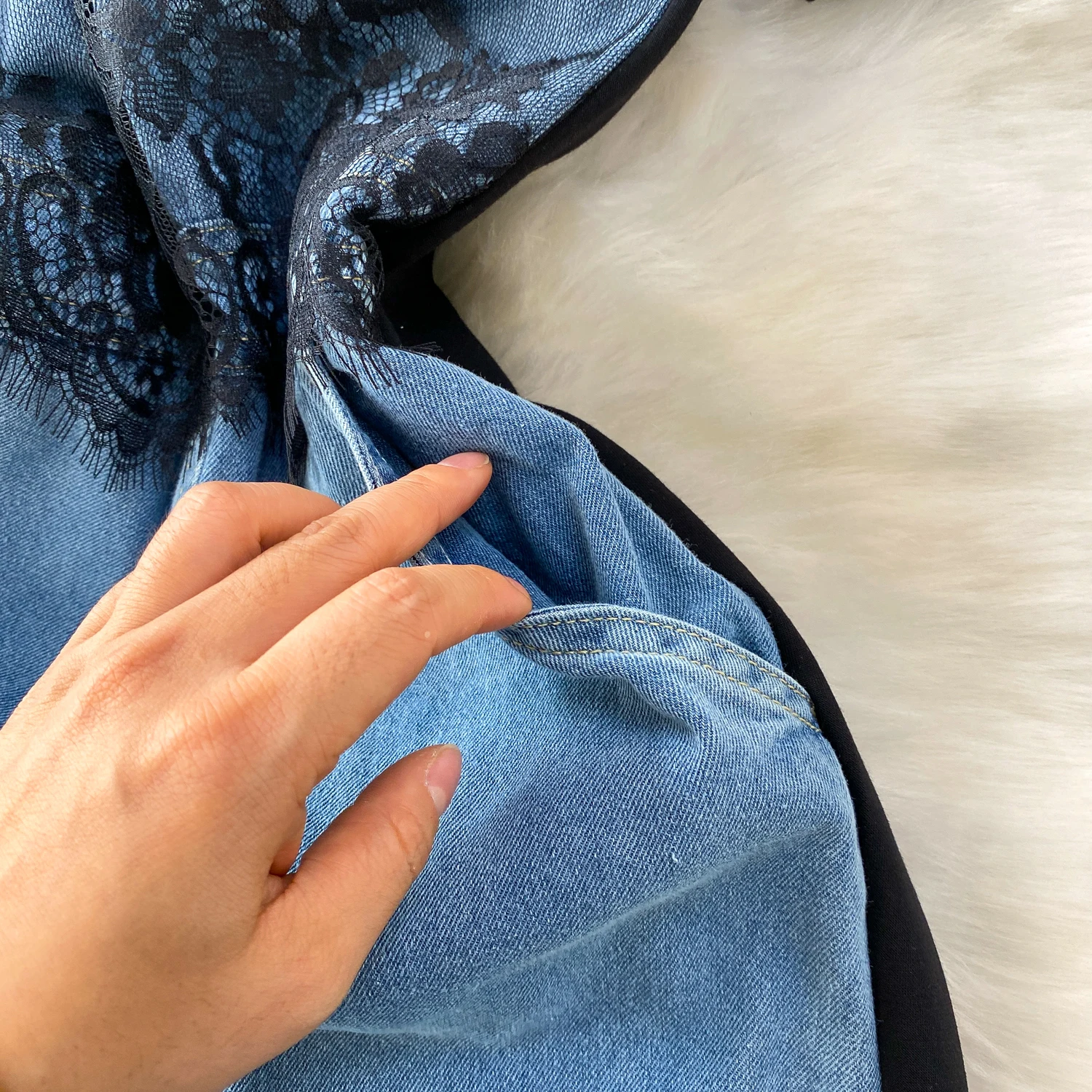 Female Fashionable High Waisted Split Denim Long Lace Patchwork Round Neck T-Shirt Dress