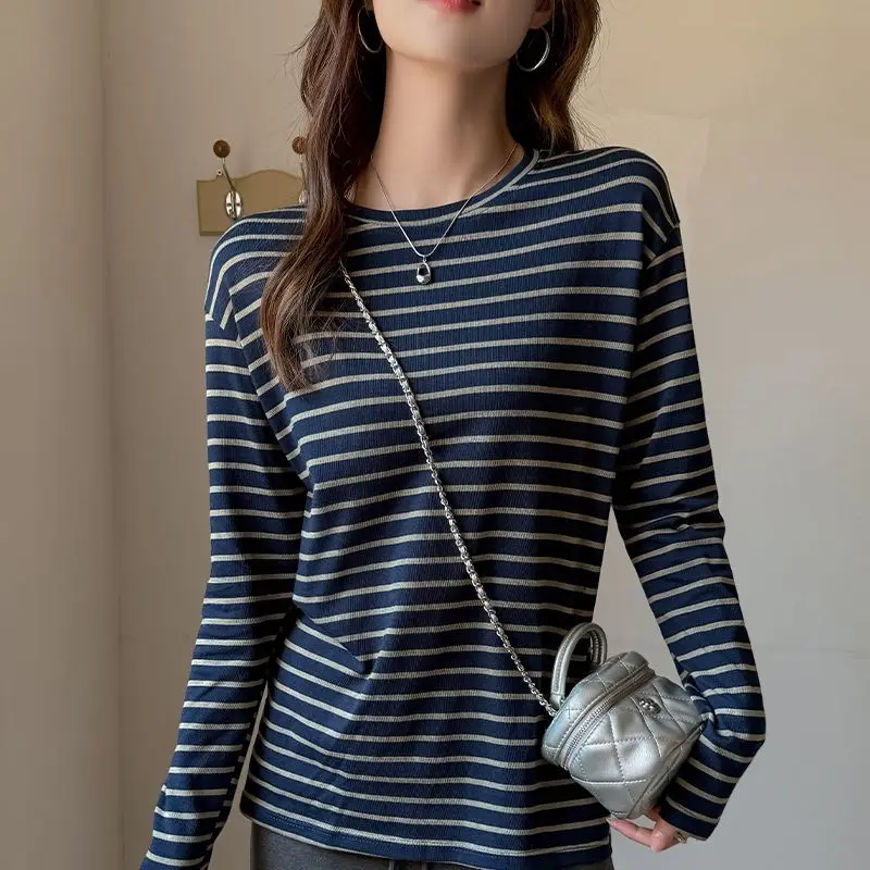 Women Autumn Winter Striped Long Sleeve T Shirt Crew Neck Loose Casual Navy Blue Layering Blouse Ins Top