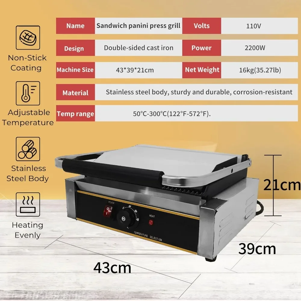 Electric Stainless Steel Sandwich Panini Maker Non-stick 2200W, Temperature Control 122℉-572℉ for Hamburgers Steaks Bacons