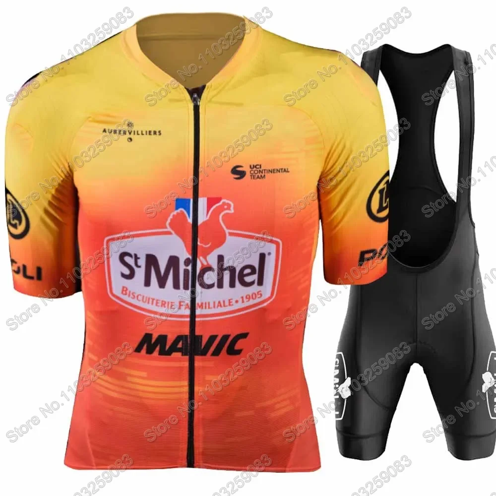 St Michel 2025 Cycling Jersey Mens Pro Team Set Short Sleeve France Orange Clothing Road Bike Shirts Suit Bicycle Bib Shorts MTB