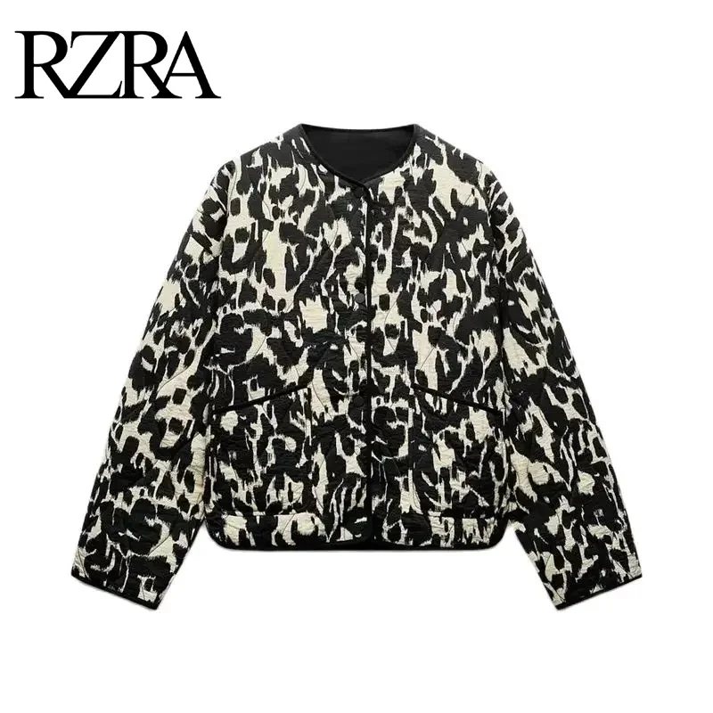 RZRA Women's 2024 Autumn New Retro Round Neck Long Sleeve Contrast Color Leopard Print Quilted Cotton Jacket Jacket