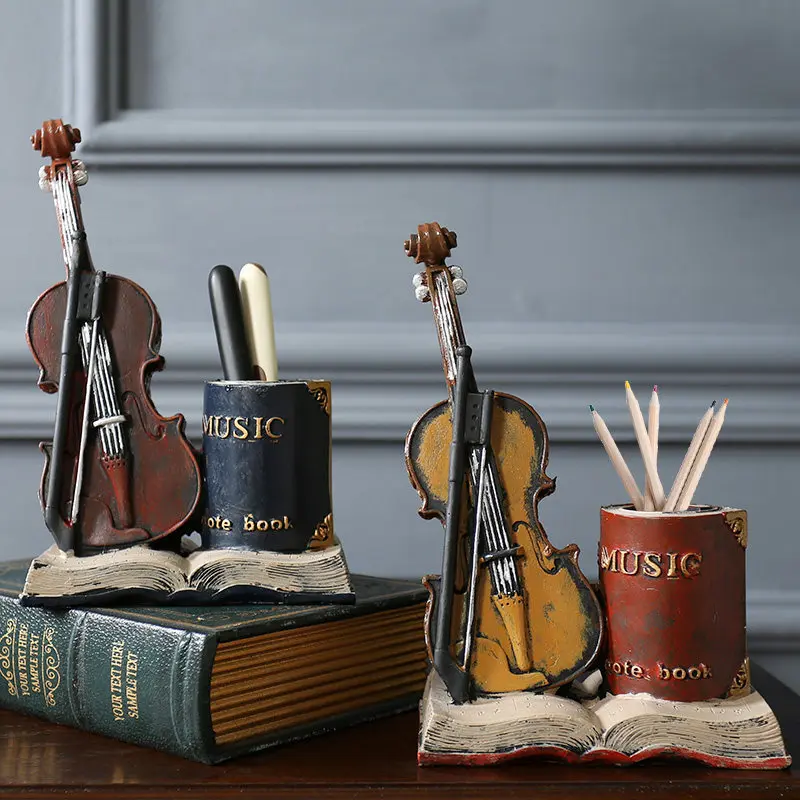 Nordic Vintage Violin Pen Holder - Creative Resin Desk Organizer for Office,Unique Book Shelf Decor,Cute Gift for Music Lovers
