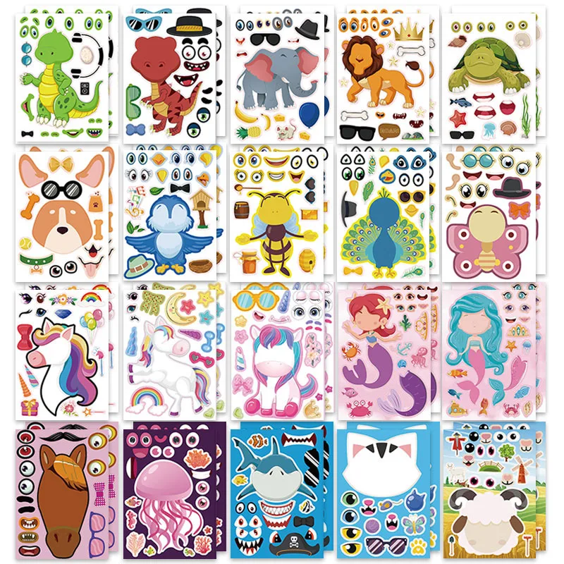 12/24 Arkusze Naklejki na twarz Zwierzęta Zoo Dinozaur morski Prezent festiwalu Nagroda Sztuka Rzemiosło Impreza Ulubione puzzle szkolne Gra DIY