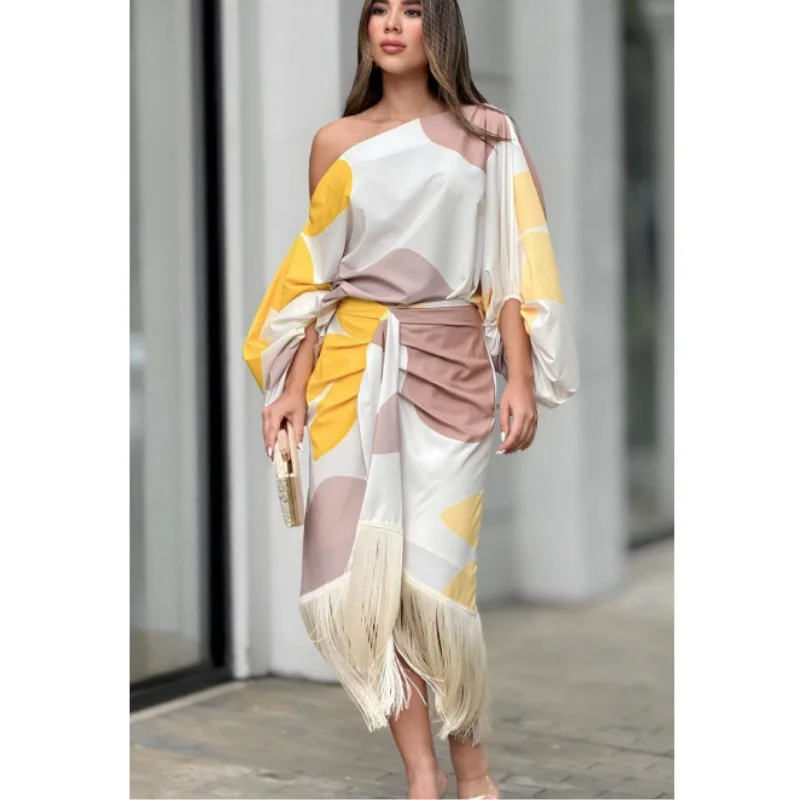Spring Fashion Print Lantern Sleeve Women Dress Outfit Diagonal Collar Top Tassel Hem High Waist Skirt Set 2 Piece Two Piece Set