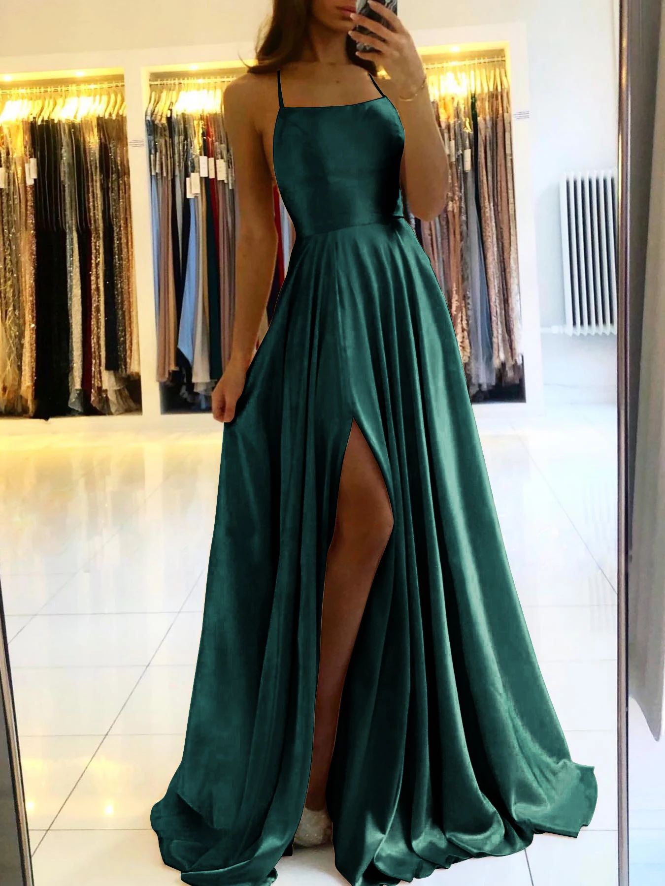 Abito sexy con bretelle verde scuro Abito con lacci con cinturino per spaghetti Fasciatura Abiti lunghi senza schienale Colletto quadrato Abito con strascico da festa con spacco alto