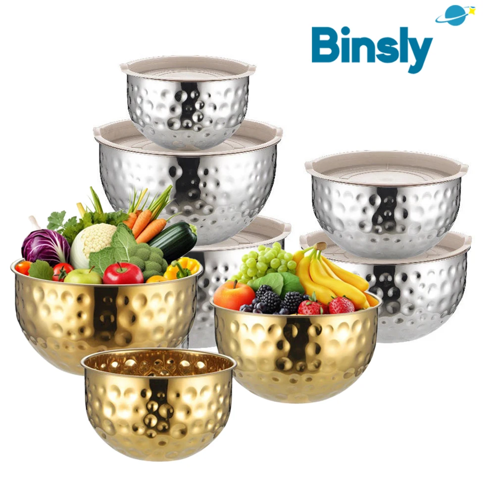 

Stainless Steel Bowl for Kitchen Use Thickened Salad Bowl 7-Piece Set Modern Hammered Texture Metal Mixing Bowls with Lids