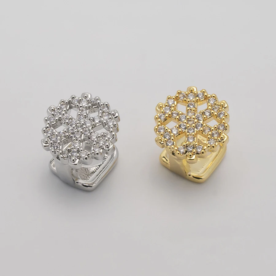 Single Full Iced Out CZ Stone Snowflake Teeth Grillz Hip Hop Two Size Shiny Zircon Tooth Caps Women Men Jewelry Fangs