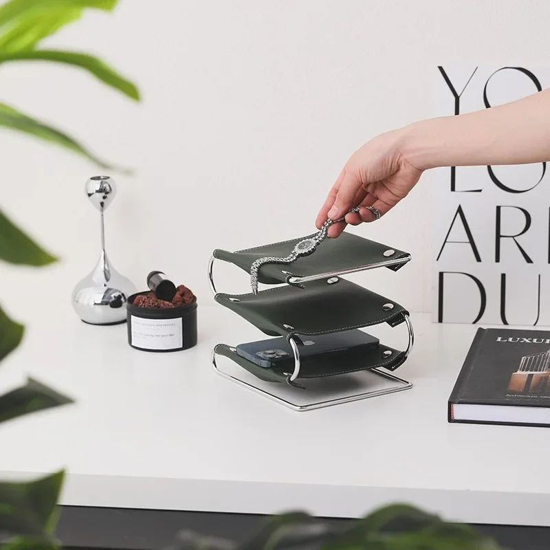 

Nordic Iron Tabletop Storage Rack Multilayer Leather Iron Tray Porch Key Shelf Home Decor Luxury Art Ornaments Racks Accessories