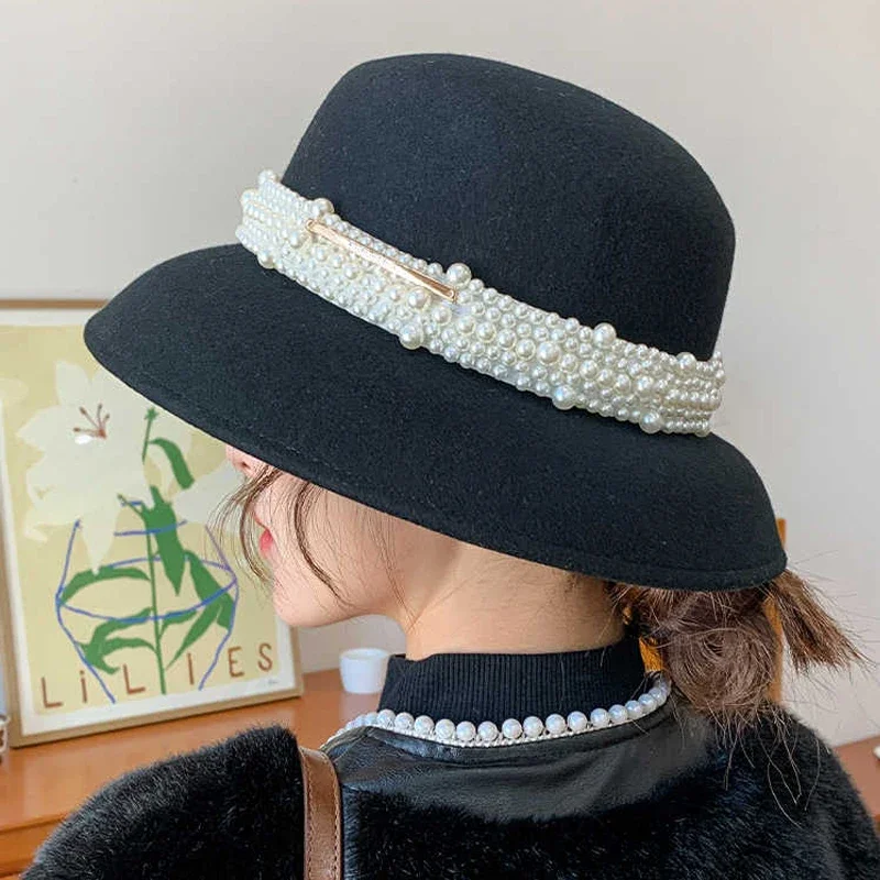 Hepburn fashion streetstyle black wide brim pearl wool bucket hat female vintage big hat for women