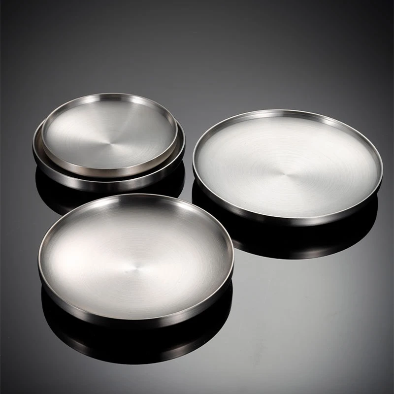 Thick Stainless Steel Round Dinner Plate Western Dessert Dishes Tray Double-layer Anti-scalding Dining Table Home Decoration - Image 3