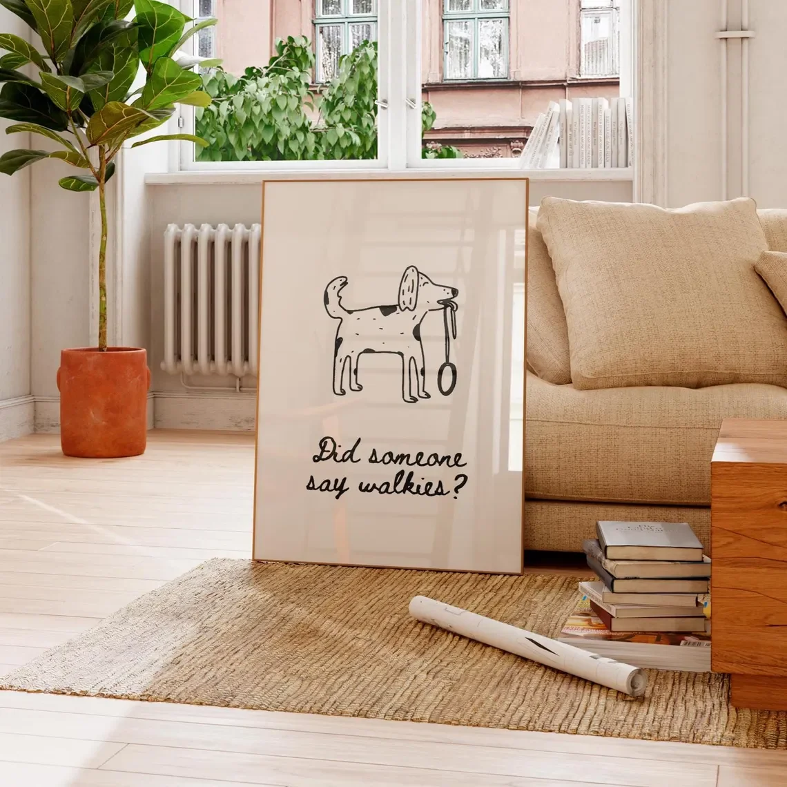 Walkies Funny Dog Wall Art Print, Dog Wall Art, Hand Drawn Funny Art, Cute Doodle Poster, Home Decor, Minimalist Decor, Trendy,