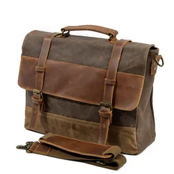 New waterproof oil waxed canvas with cowhide briefcase men's bag Retro business bag single shoulder crossbody tote