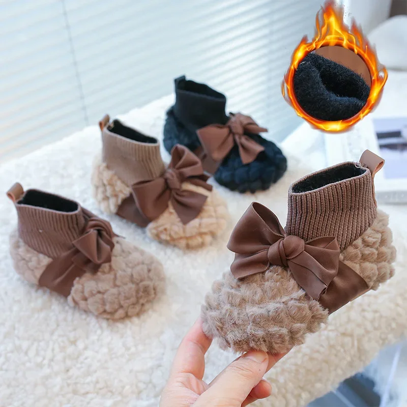 

2025 Winter Kids Sock Boots Girls Lamb Wool Fashion Plush Shoes Boys Fleece-Lined Warm Short Boots New Children Footwear