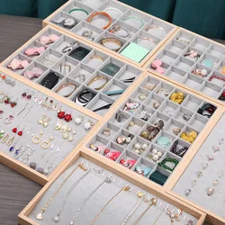 Gray Velvet Bamboo Jewelry Display Tray Necklace Rings Bracelet Pendant Earrings Tray Organizer Storage Tray for Drawer 35*24cm